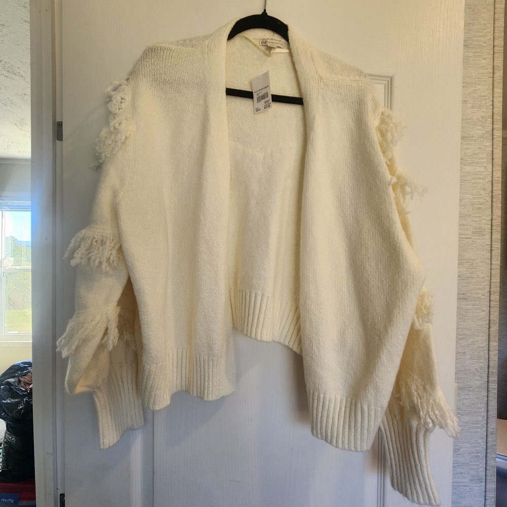 Cato White Cardigan with Fringe Accents Size 22/24W BNWT